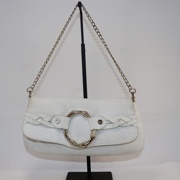 Elaine Turner White Leather Chain Shoulder Bag Bamboo Ring Accent - Picture 1 of 6